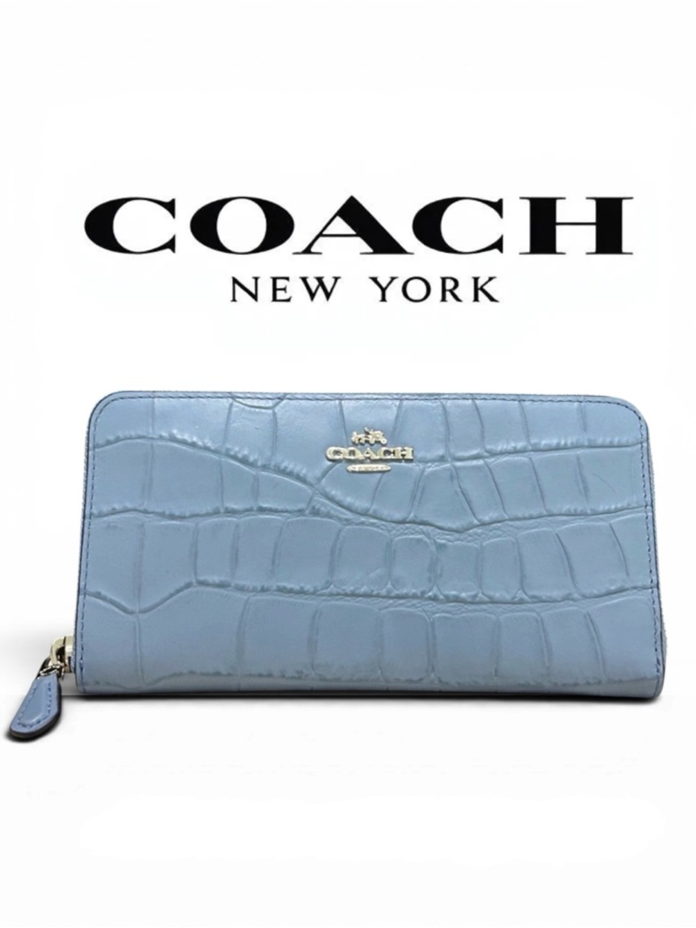COACH Croc Embossed Leather Accordion Zip Wallet in Dusk Blue NWT